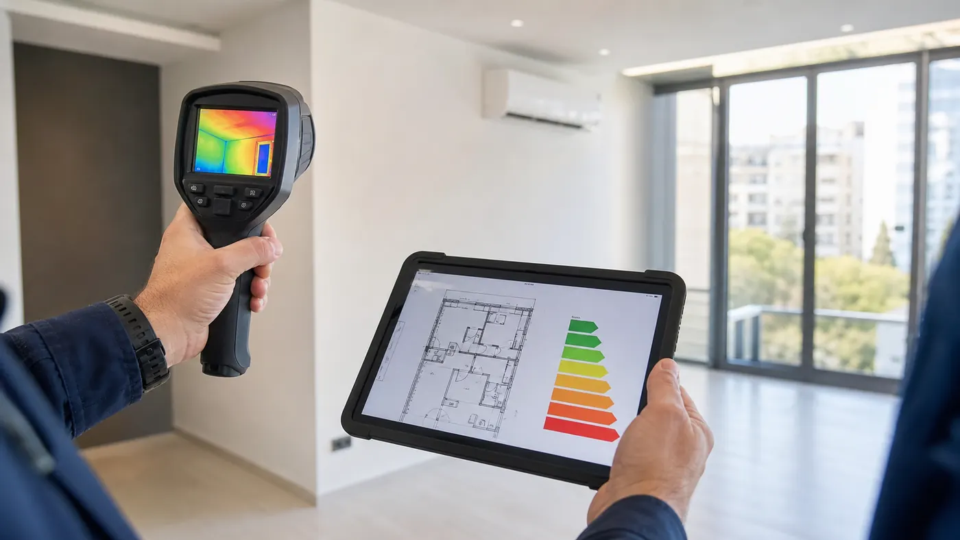 Técnico realizando certificado de eficiencia energética CEE en vivienda