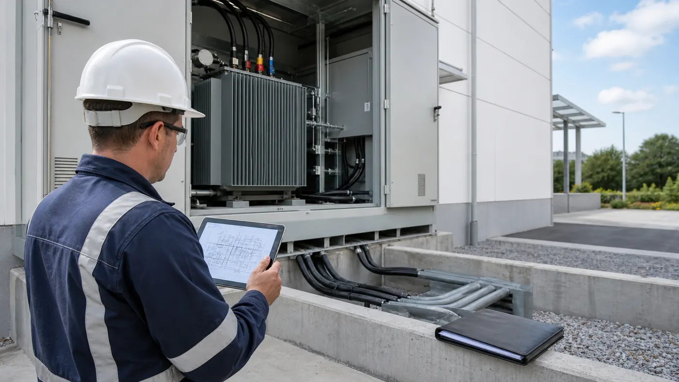 Ingeniero industrial gestionando expediente con distribuidora eléctrica y centro de transformación