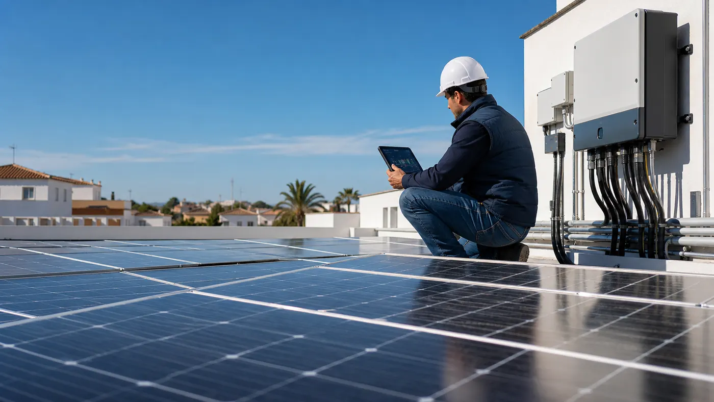 Ingeniero industrial inspeccionando instalación fotovoltaica para proyecto de energía renovable