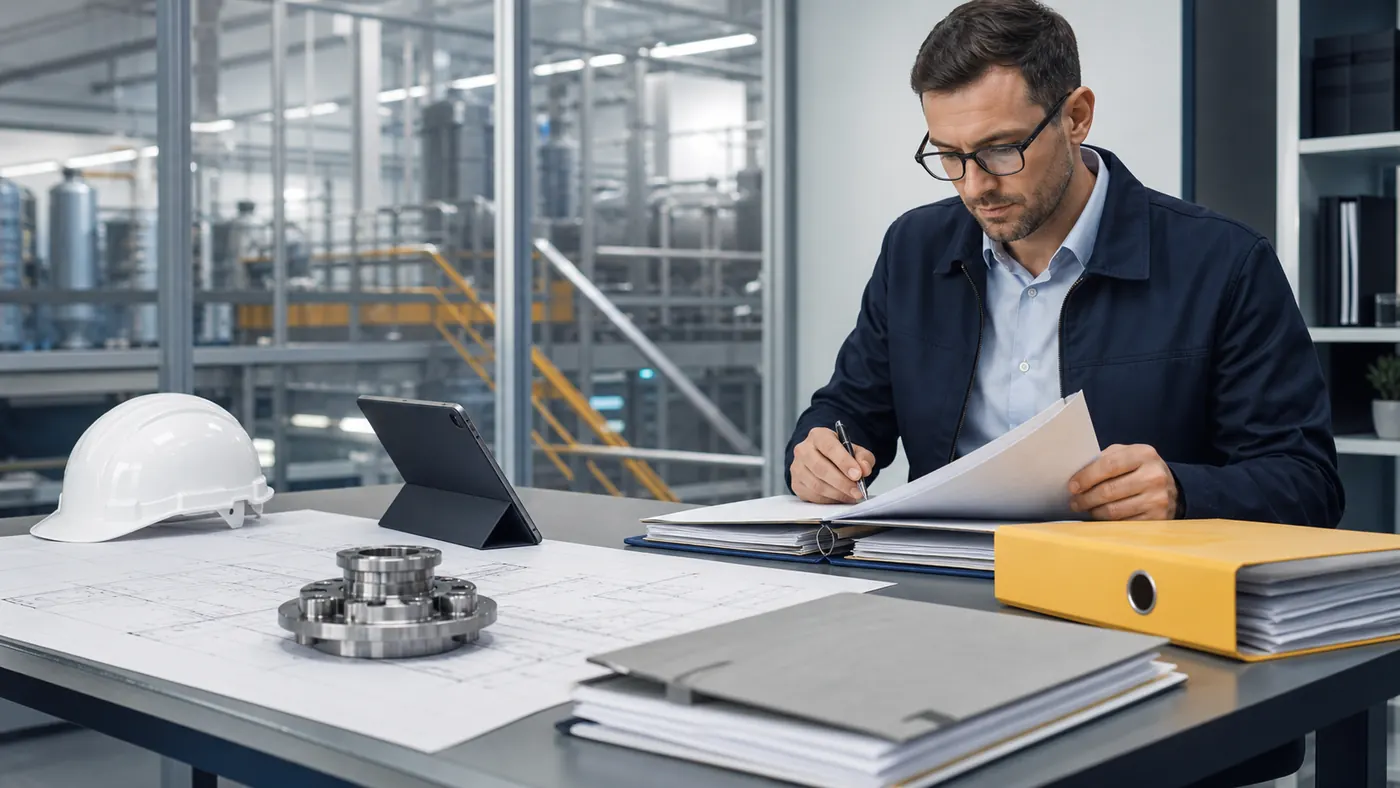 Ingeniero industrial preparando documentación para trámites relacionados con Industria